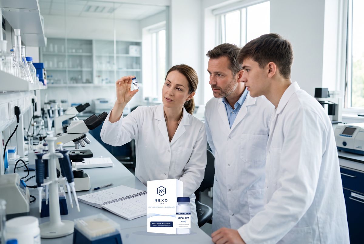 Zespół Nexo Labs ogląda fiolkę przy stanowisku laboratoryjnym